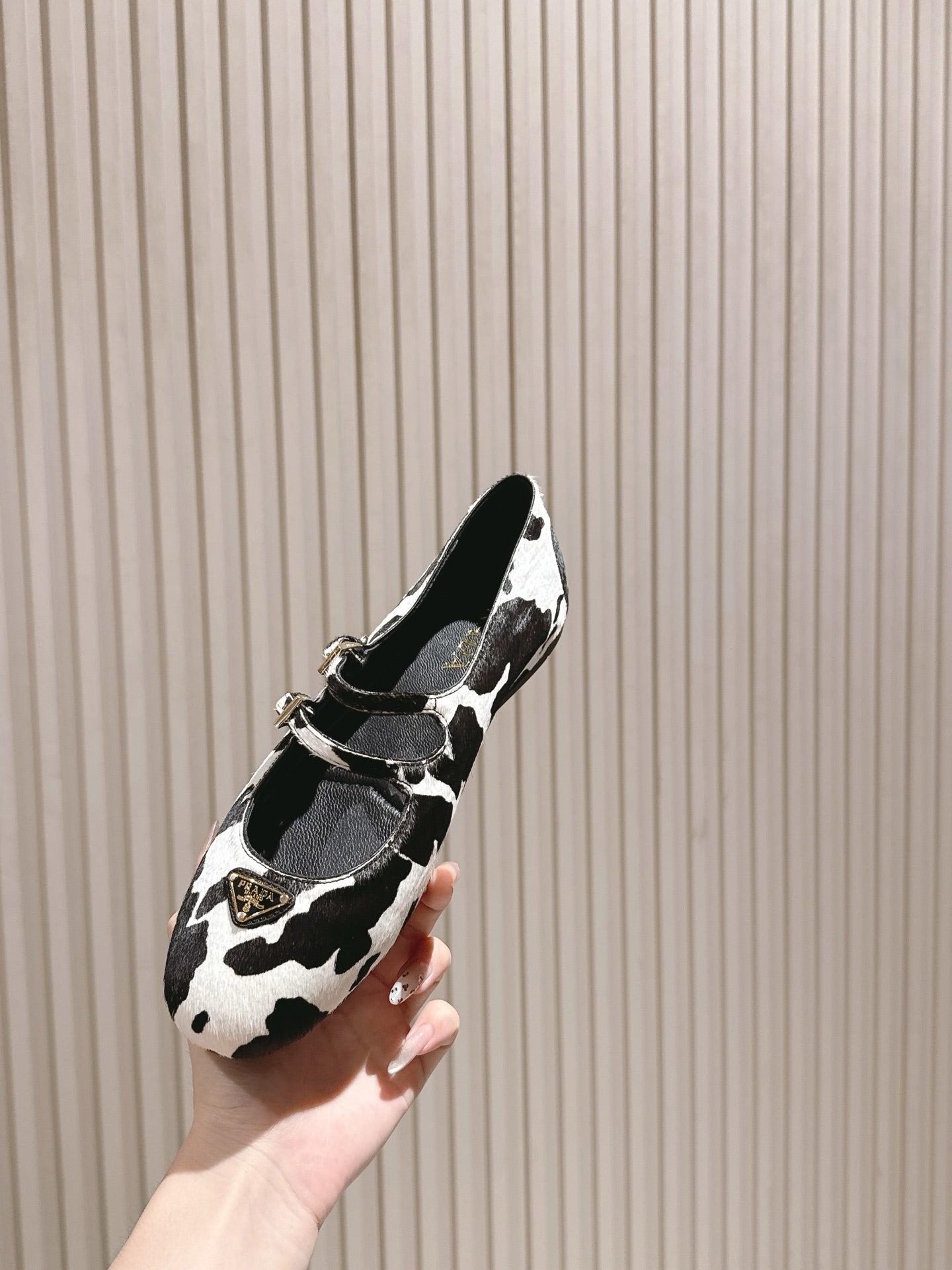 PRA 25s Ballet Flats with Small Buckle Black White Cow Printed Calf-hair 449703