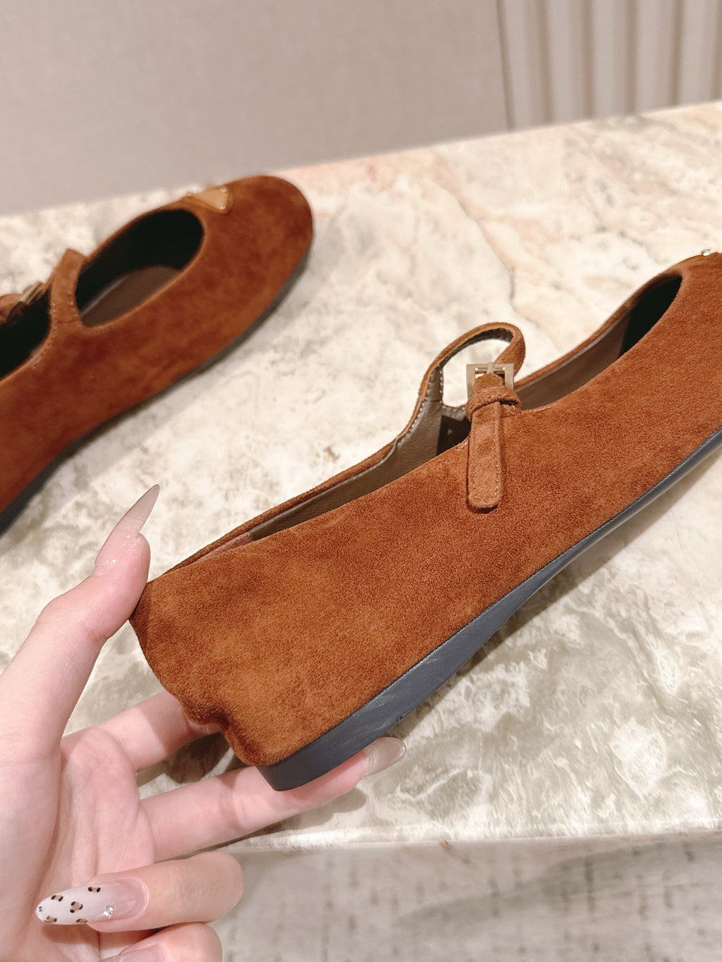 PRA 25s Ballet Flats with Small Buckle Chocolate Suede 449708