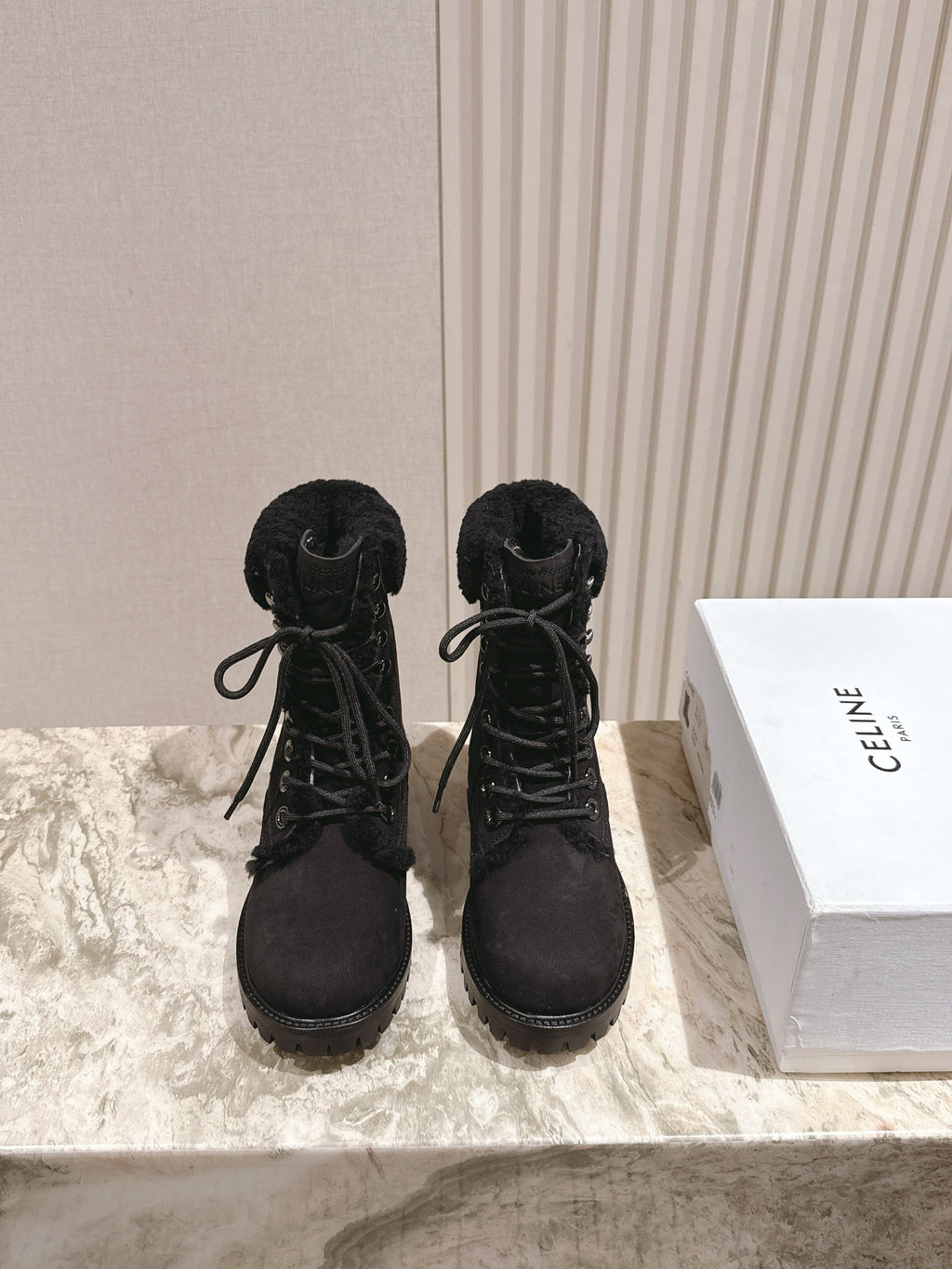CELINE Kurt Lace-Up Mid Boot Black Nubuck Calfskin And Shearling 452787
