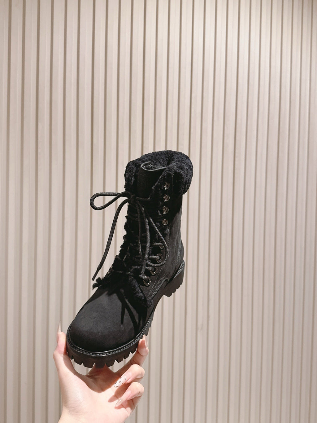 CELINE Kurt Lace-Up Mid Boot Black Nubuck Calfskin And Shearling 452787