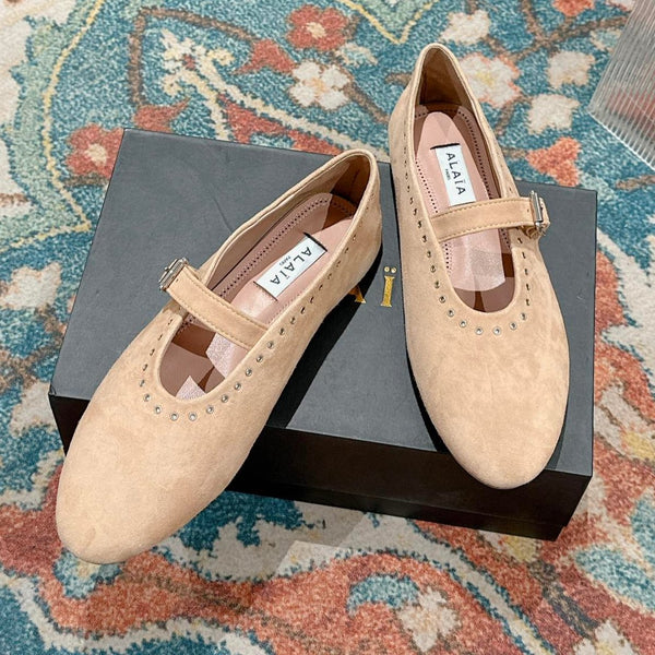 ALAIA MARY JANE IN BEIGE SUEDE WITH SILVER HARDWARE