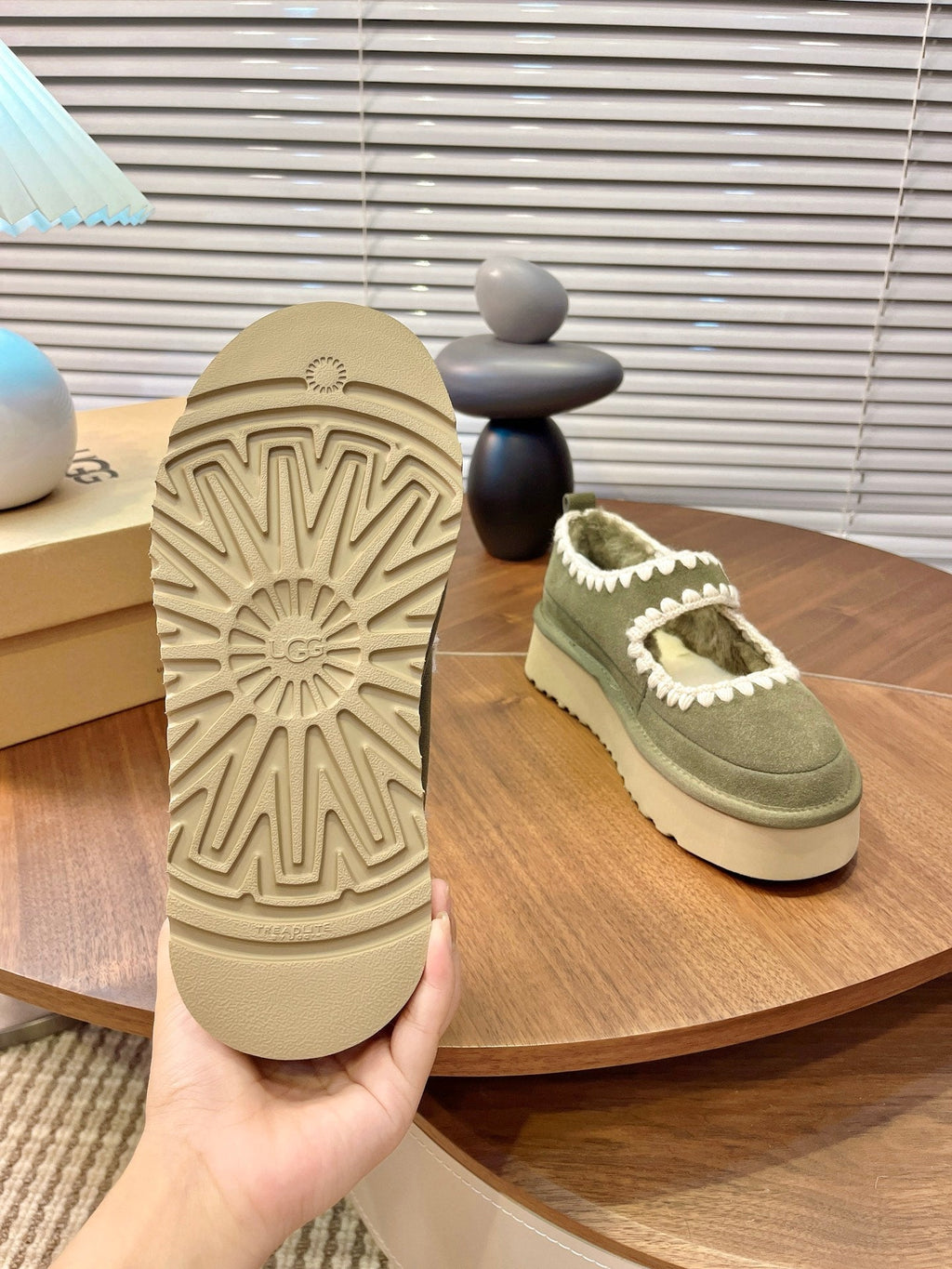 UGG Tazz Mary Jane Shoes Light Olive Green Suede Shearing
