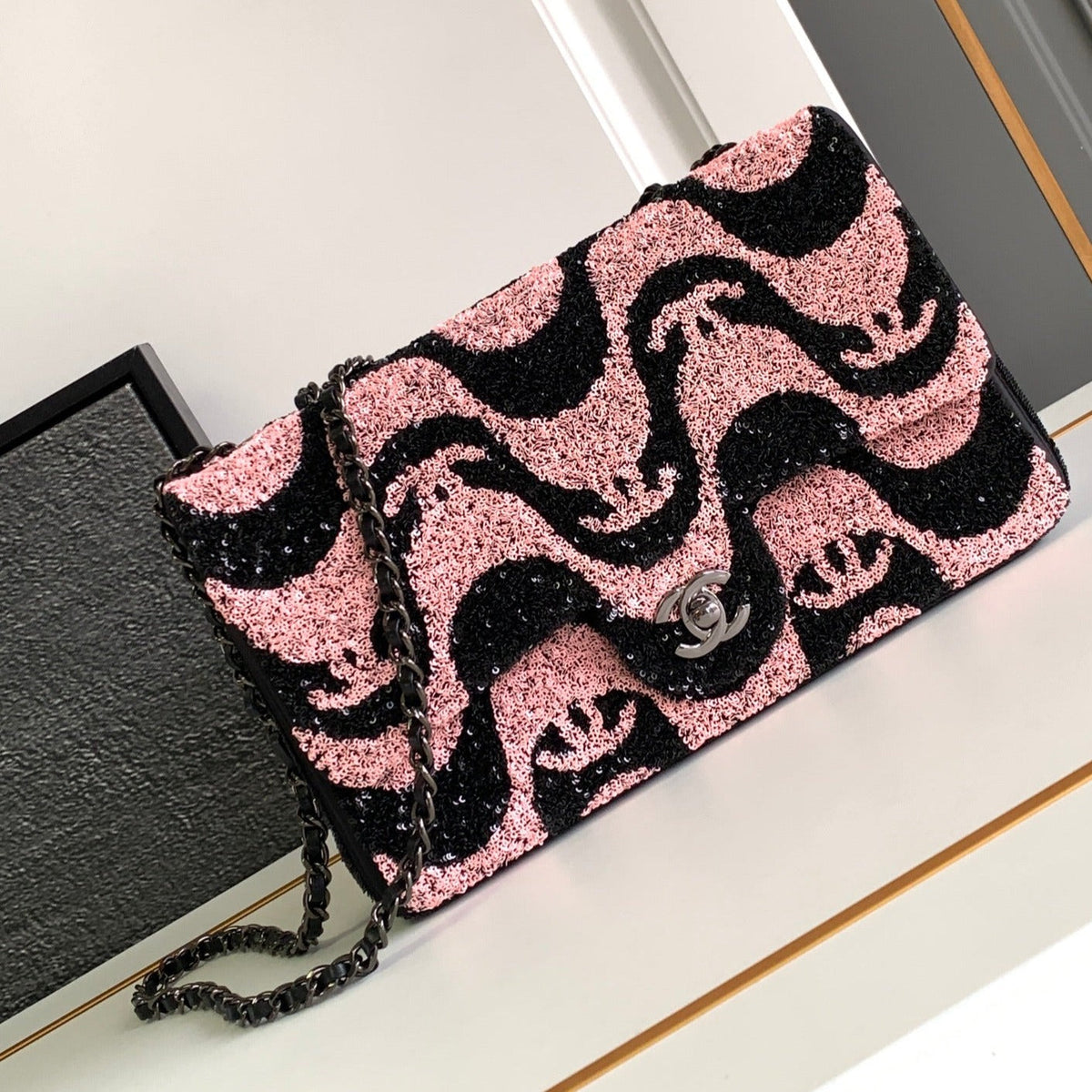 flap bag medium 25 black pink sequin silver hardware