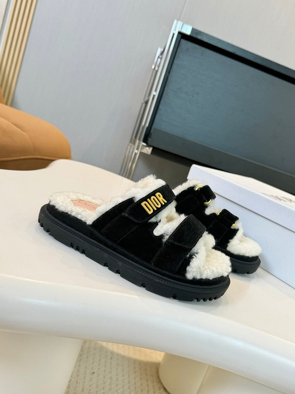 CD Dioract Slide Black Suede And Fleece Lining