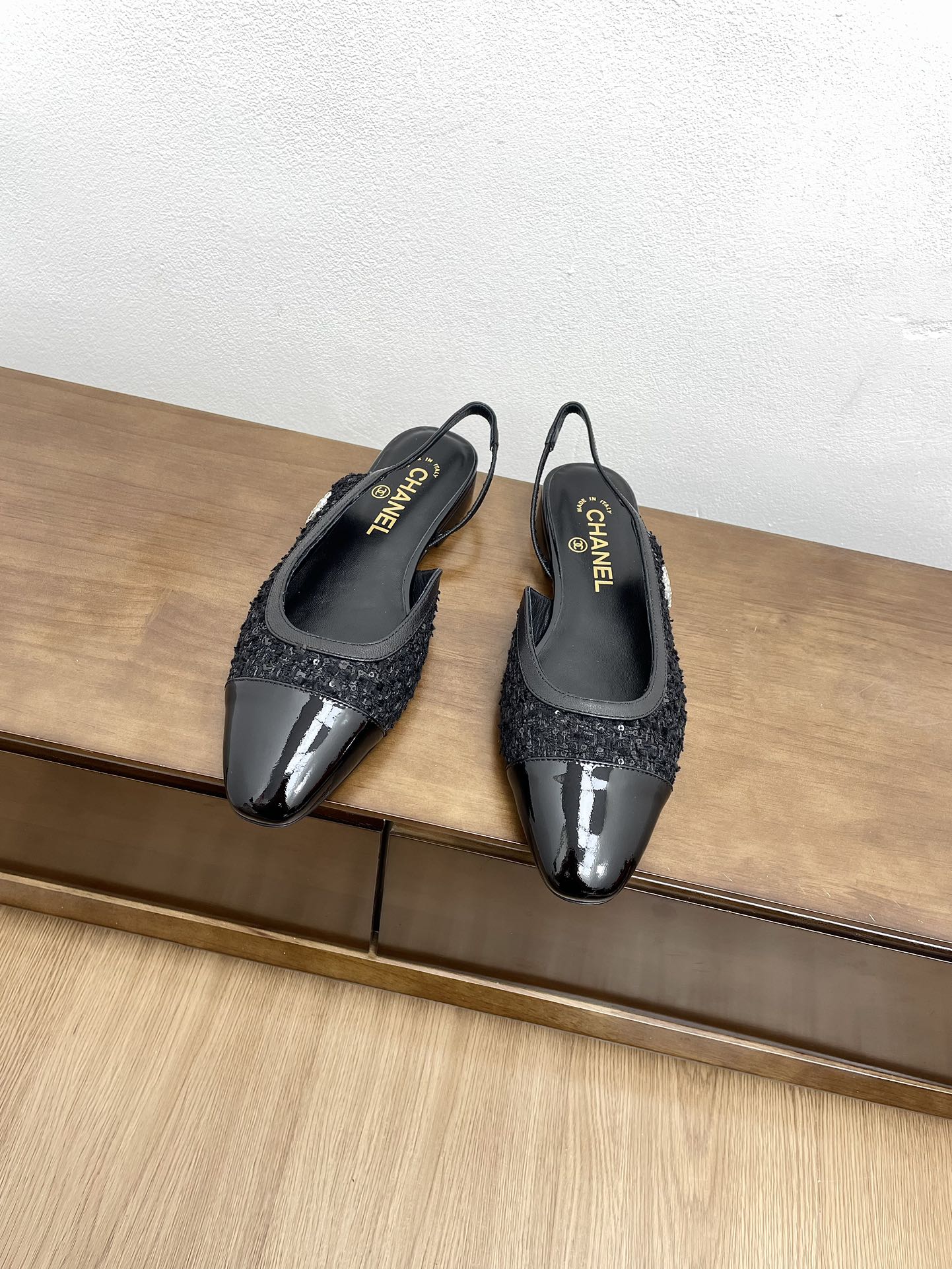 CC Slingback Black Tweed Fabric And Calfskin