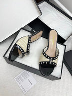 CC 25SS Slippers 5cm Light Yellow Raffia Black Patent Calfskin 338299