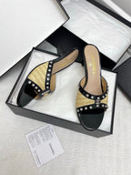 CC 25SS Slippers 5cm Yellow Raffia Black Patent Calfskin 338300