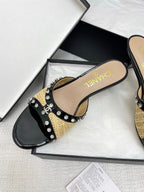CC 25SS Slippers 5cm Yellow Raffia Black Patent Calfskin 338300