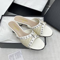 CC 25SS Slippers 5cm Light Yellow Raffia White Patent Calfskin 338301