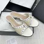 CC 25SS Slippers 5cm Light Yellow Raffia White Patent Calfskin 338301