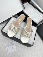 CC 25SS Slippers 5cm Light Yellow Raffia White Patent Calfskin 338301