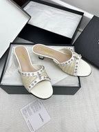 CC 25SS Slippers 5cm Light Yellow Raffia White Patent Calfskin 338301