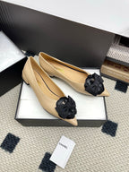 CC Logo Bow with Camellia Ballerina Flats Black Beige Cowhide Sheepskin 427020