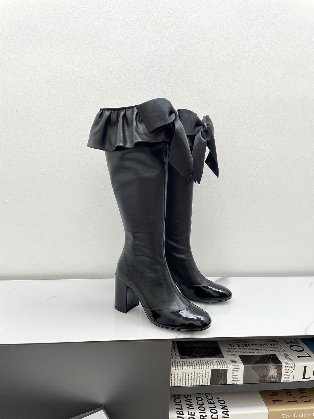 CC Big Bow Chunky Long Boots 80mm Black Cowhide 427064