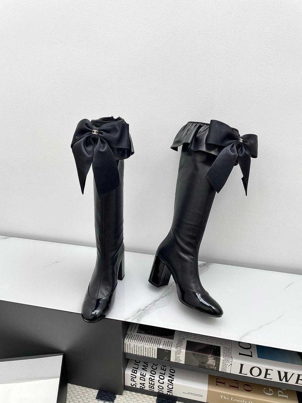 CC Big Bow Chunky Long Boots 80mm Black Cowhide 427064