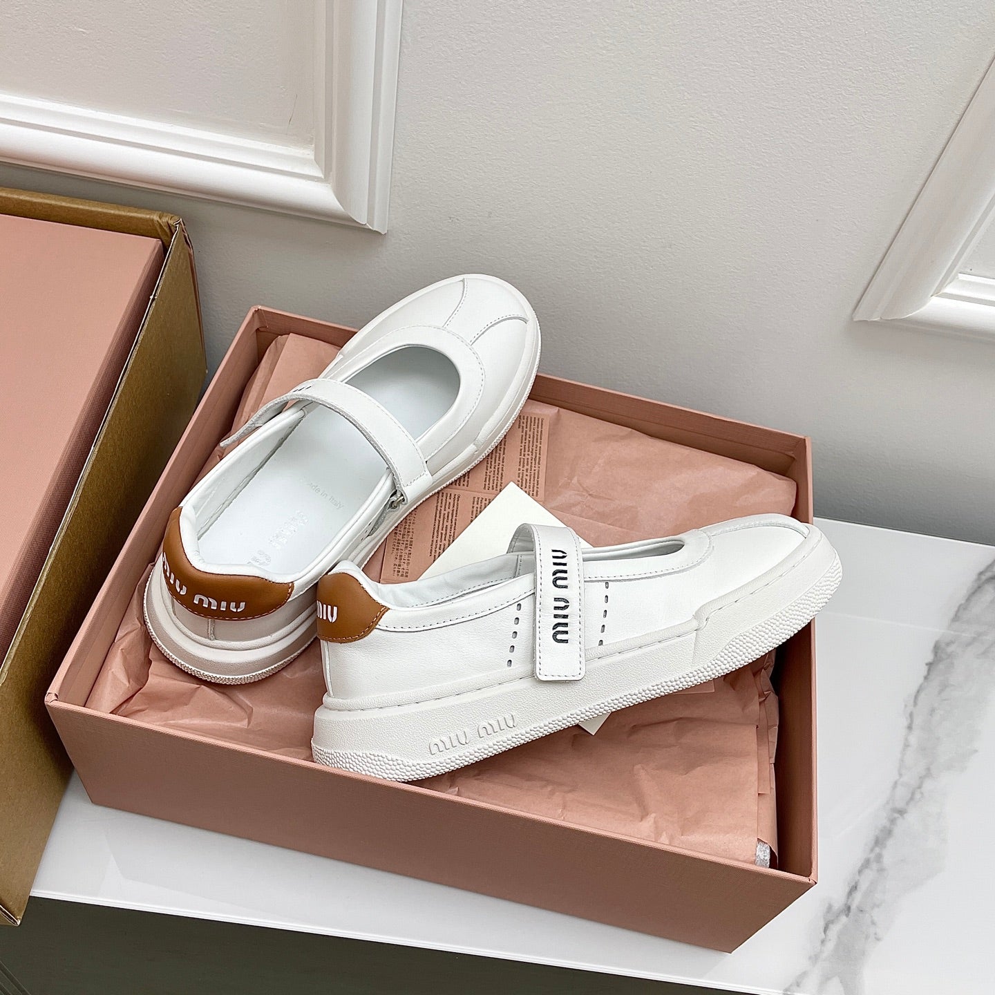 Miu 26s Mary Jane Ballerinas Brown White Calfskin 726832