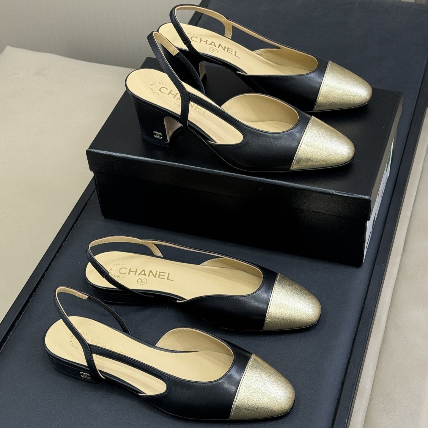 CC Classic Slingback Black Mix Gold Metallic Goatskin 282283
