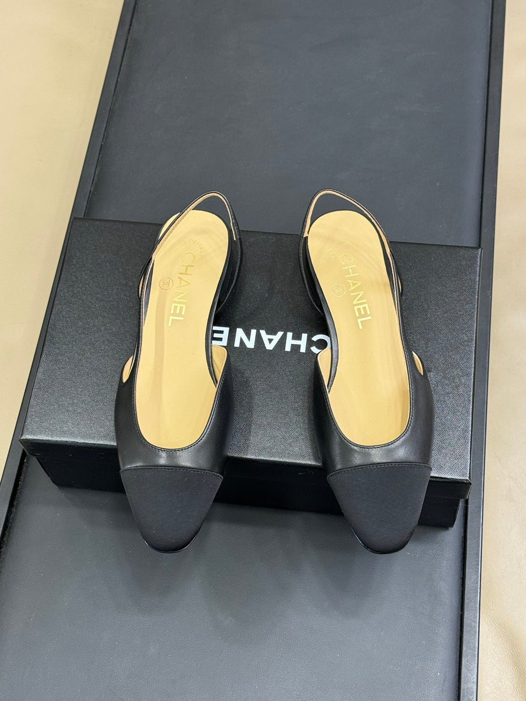 CC Classic Slingback Black Beige Goatskin Black Grosgrain 282286