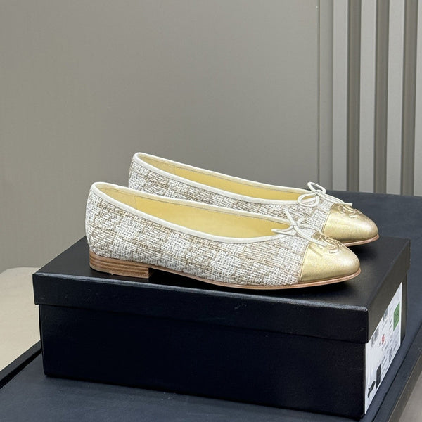 CC Classic Ballet Flats White Brown Fabric Mix Gold Lambskin 282279