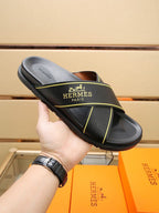 HM Men's Cross Strap Slide Black Cowhide 544100