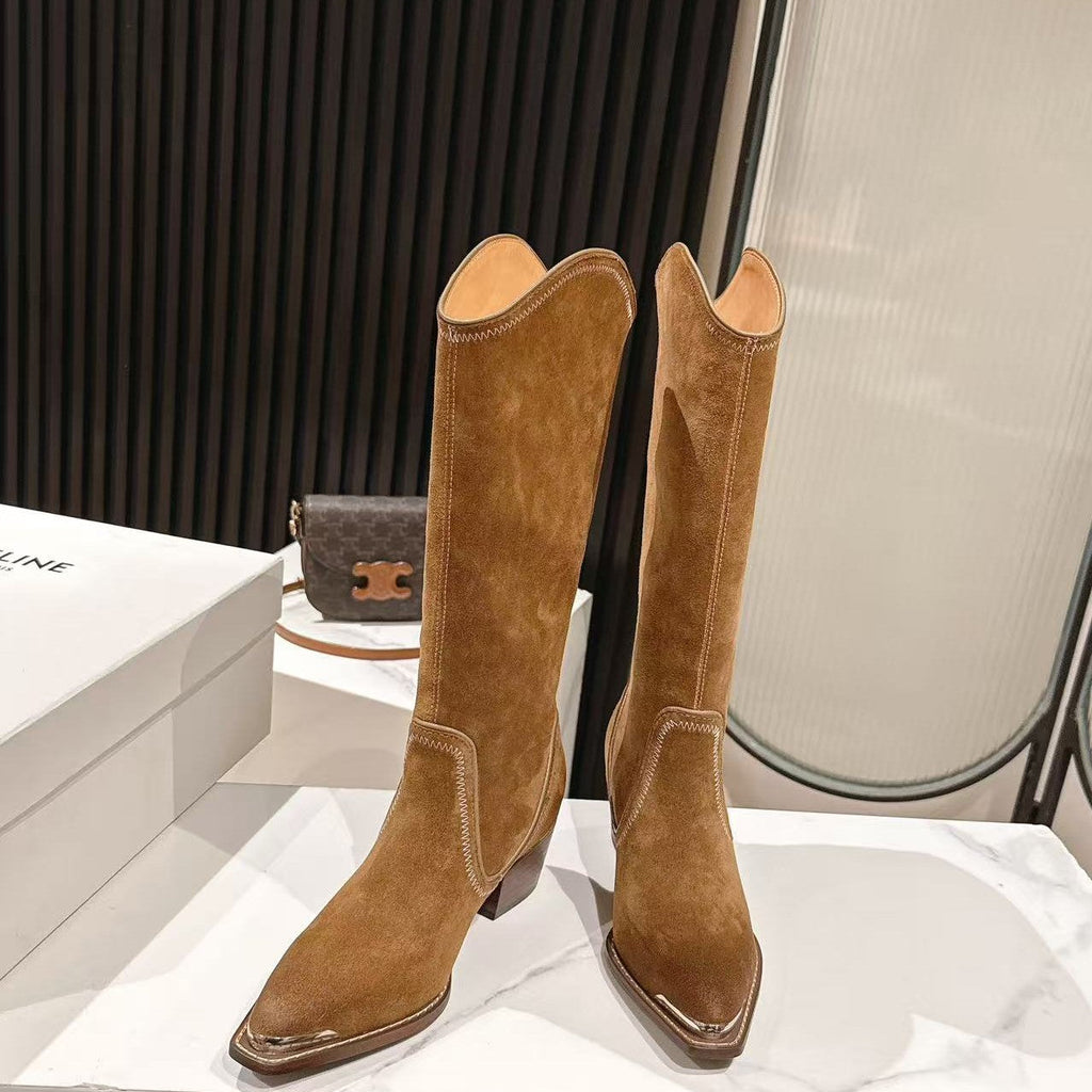 CELINE 25 Mid Calf Cowboy Boots Brown Suede 434425