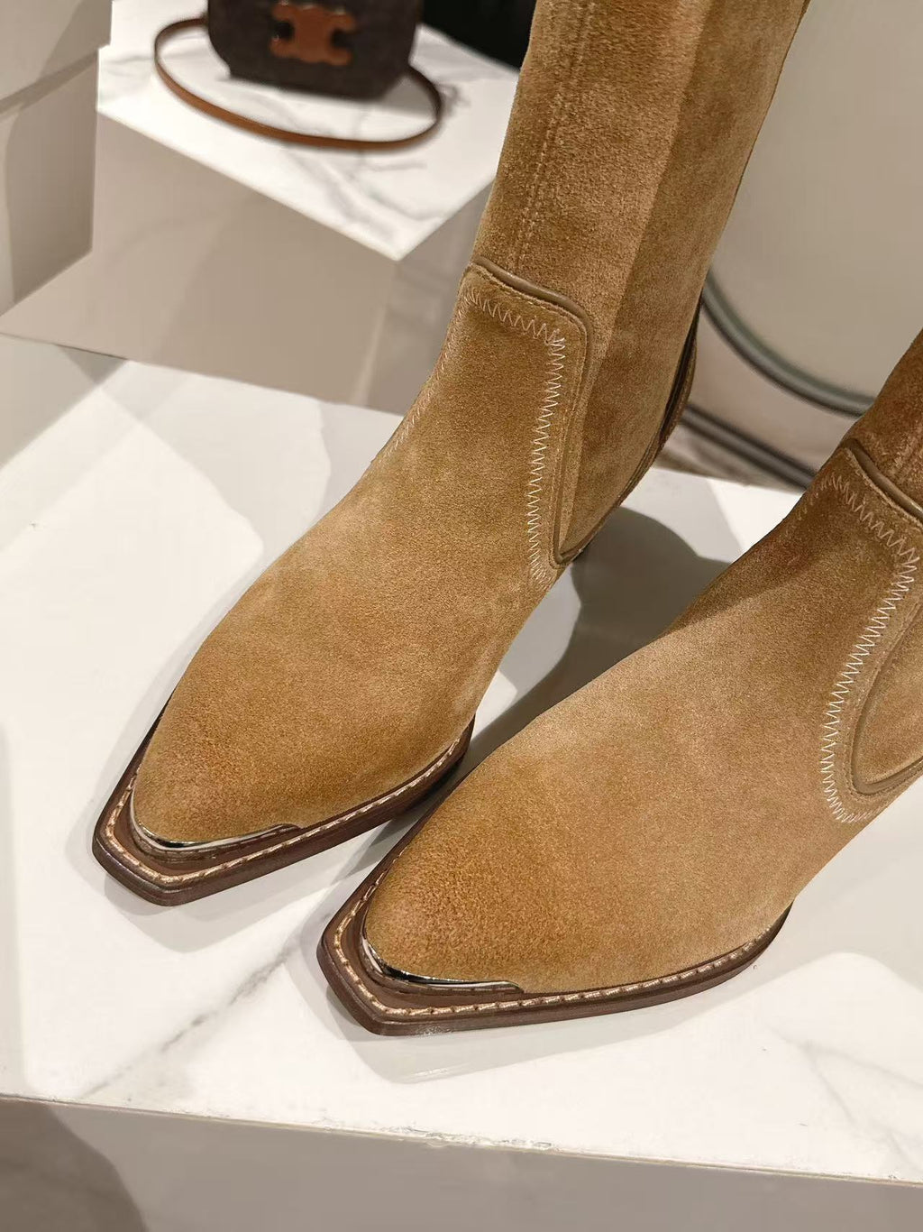 CELINE 25 Mid Calf Cowboy Boots Light Brown Suede