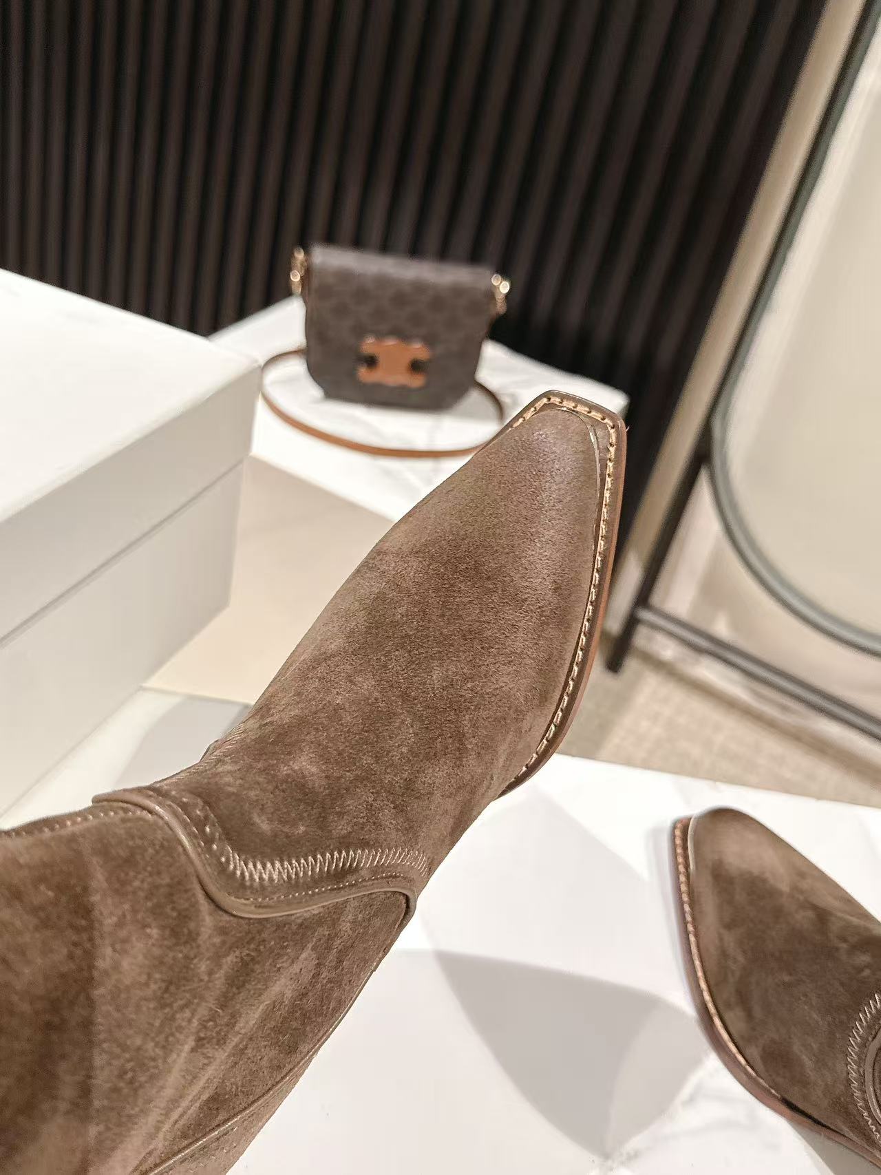 CELINE 25 Mid Calf Cowboy Boots Dark Brown Suede
