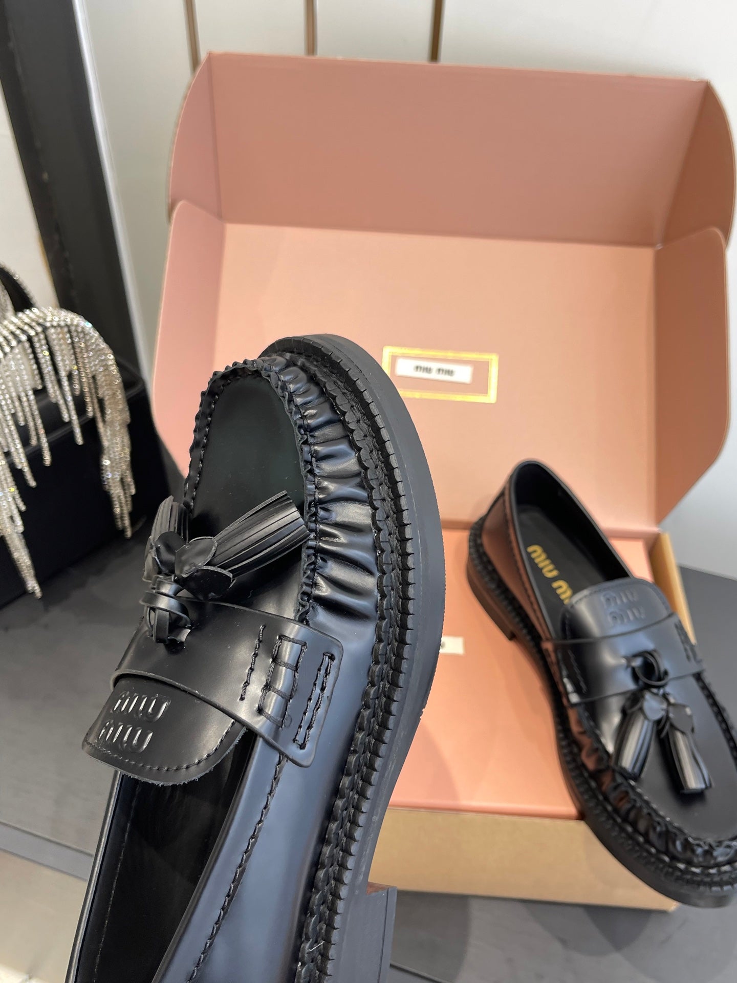 Miu Tassel Loafers Black Polished Leather 490950