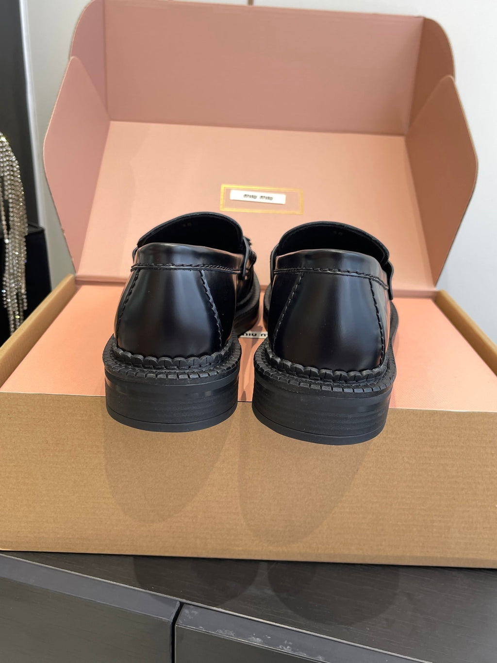 Miu Tassel Loafers Black Polished Leather 490950