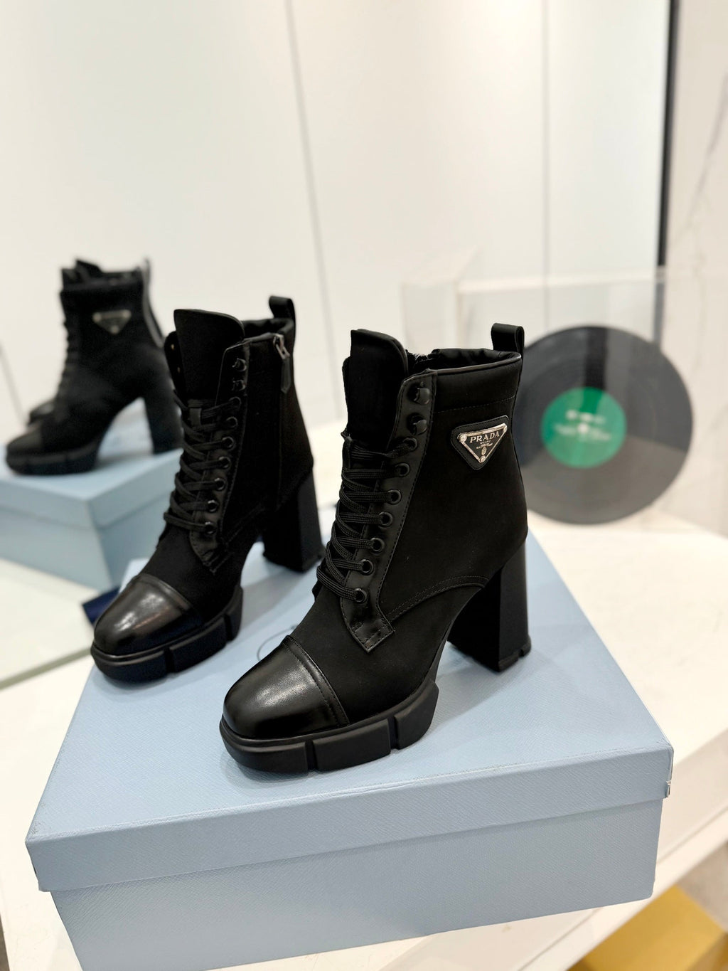 PRA RE-NYLON AND LEATHER BOOTIES BLACK