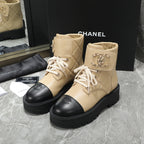 CC Interlocking Logo Combat Boots Black Beige Quilted Lambskin 432653