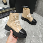 CC Interlocking Logo Combat Boots Black Beige Quilted Lambskin 432653