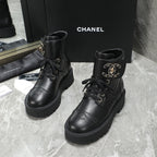 CC Interlocking Logo Combat Boots Full Black Quilted Lambskin 432654