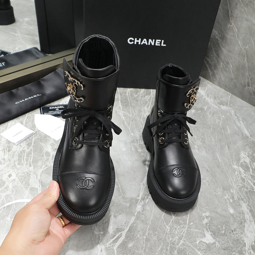 CC Interlocking Logo Combat Boots Full Black Quilted Lambskin 432654