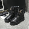CC Interlocking Logo Combat Boots Full Black Quilted Lambskin 432654