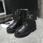 CC Interlocking Logo Combat Boots Full Black Quilted Lambskin 432654