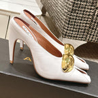 ALAIA SPIKE JEWEL MULES IN WHITE CALFSKIN WITH GOLD HARDWARE