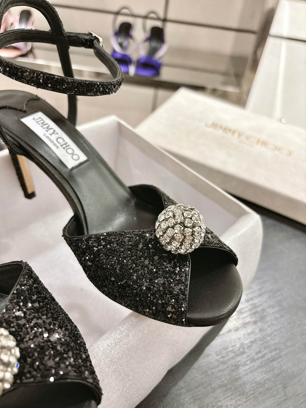 Jimmy Choo Sacora Crystal Sandal 65 Black Cowhide 597659