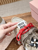 Miumiu 25 Platform Sneakers Beige Red Suede Wool 553690