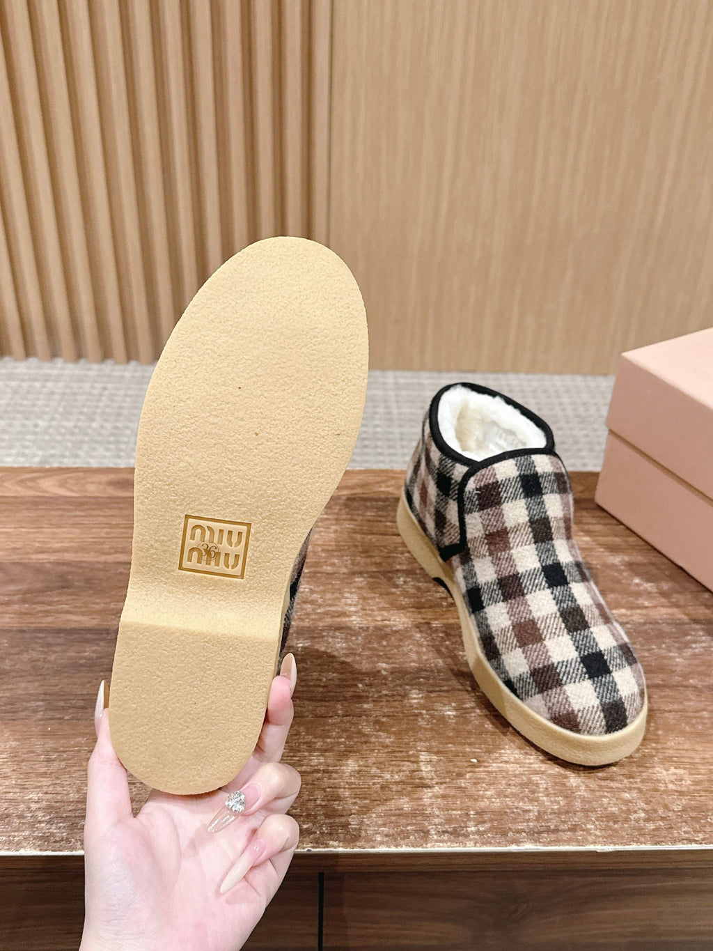 Miumiu 25 Plaid Slip-on Boot Black Brown Mix White Suede Wool 553702