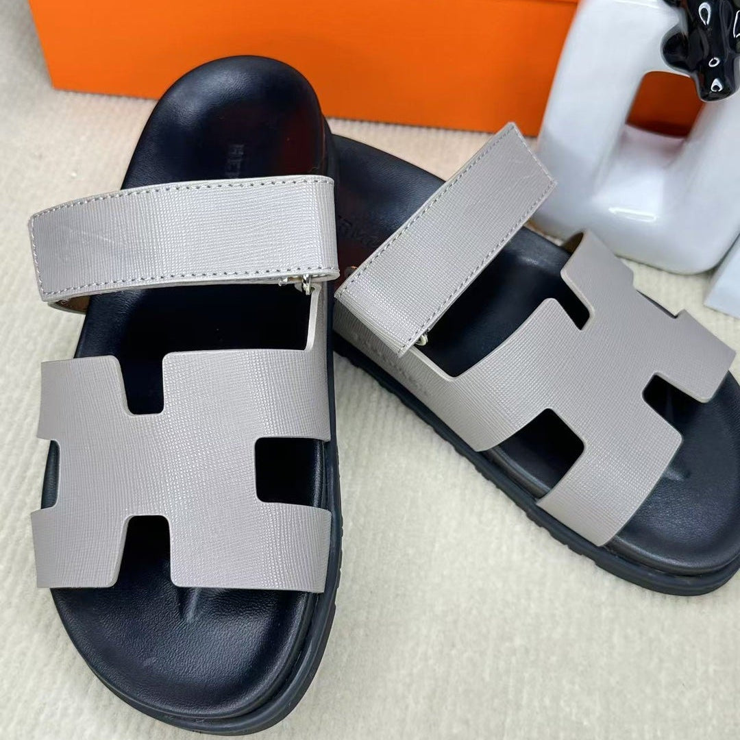 HM Men's Chypre Slide Black Grey Cowhide 540211