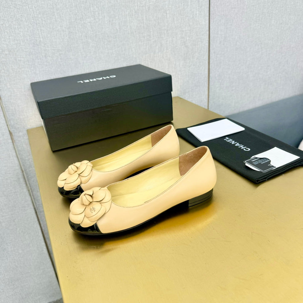 CC 25P Ballet Flat Flower Beige Calfskin Black Patent Calfskin