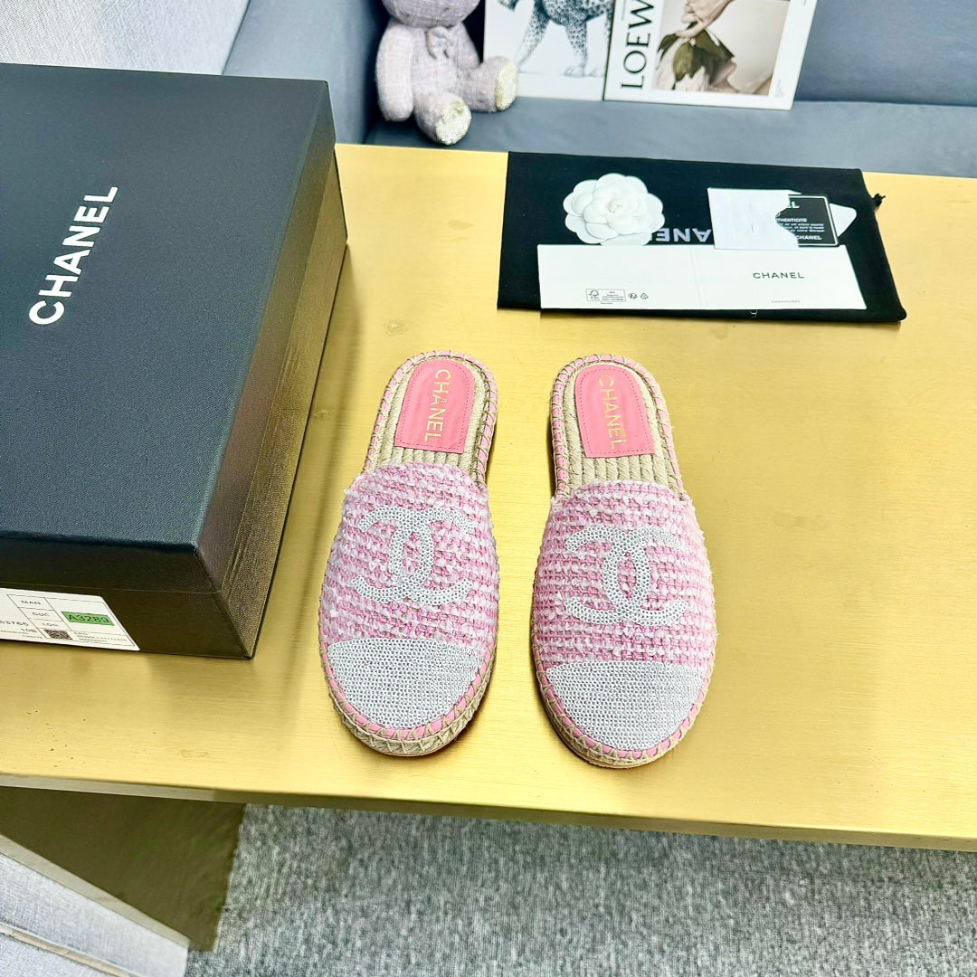 espadrilles mule pink white tweed cotton white sequin