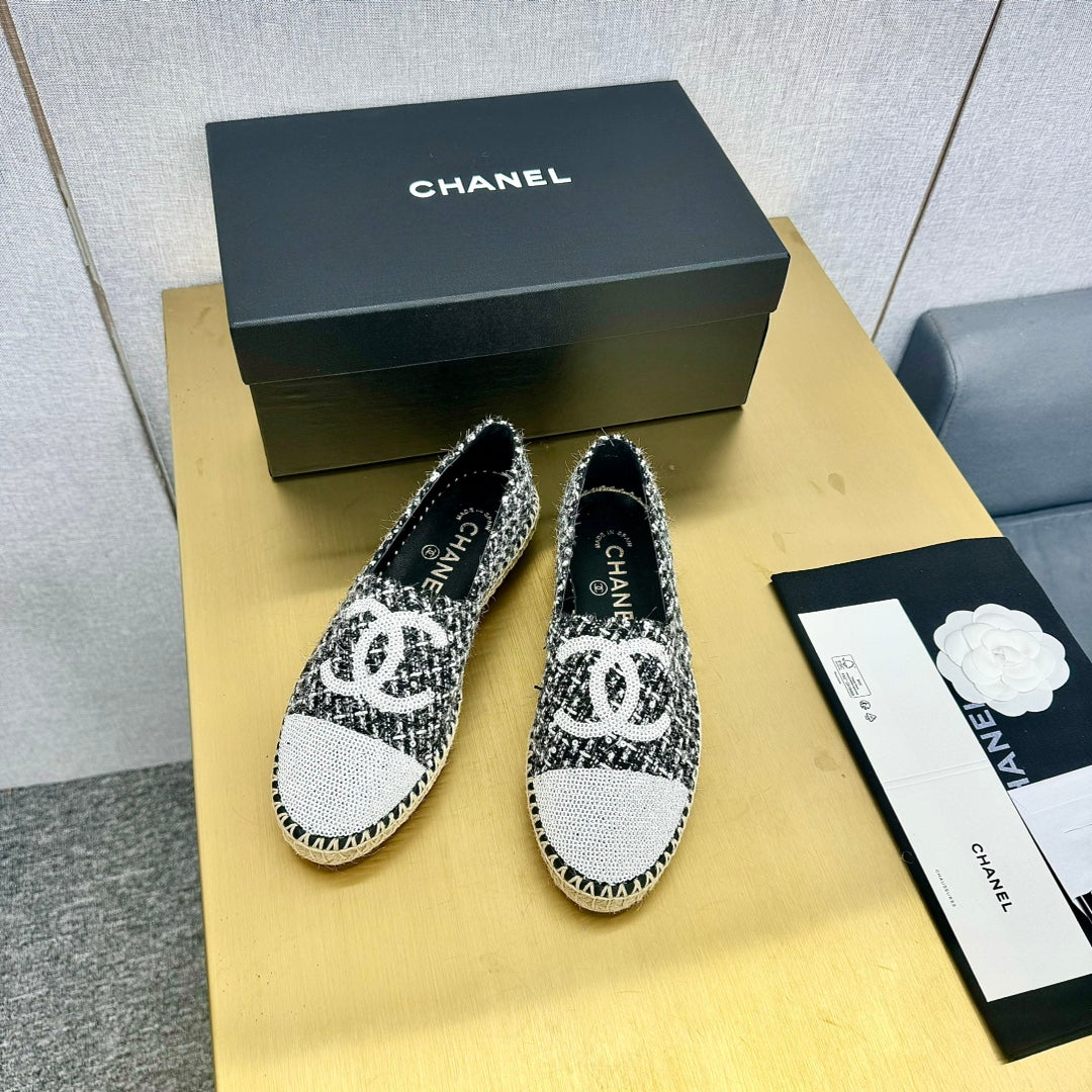 espadrilles white black tweed white sequin