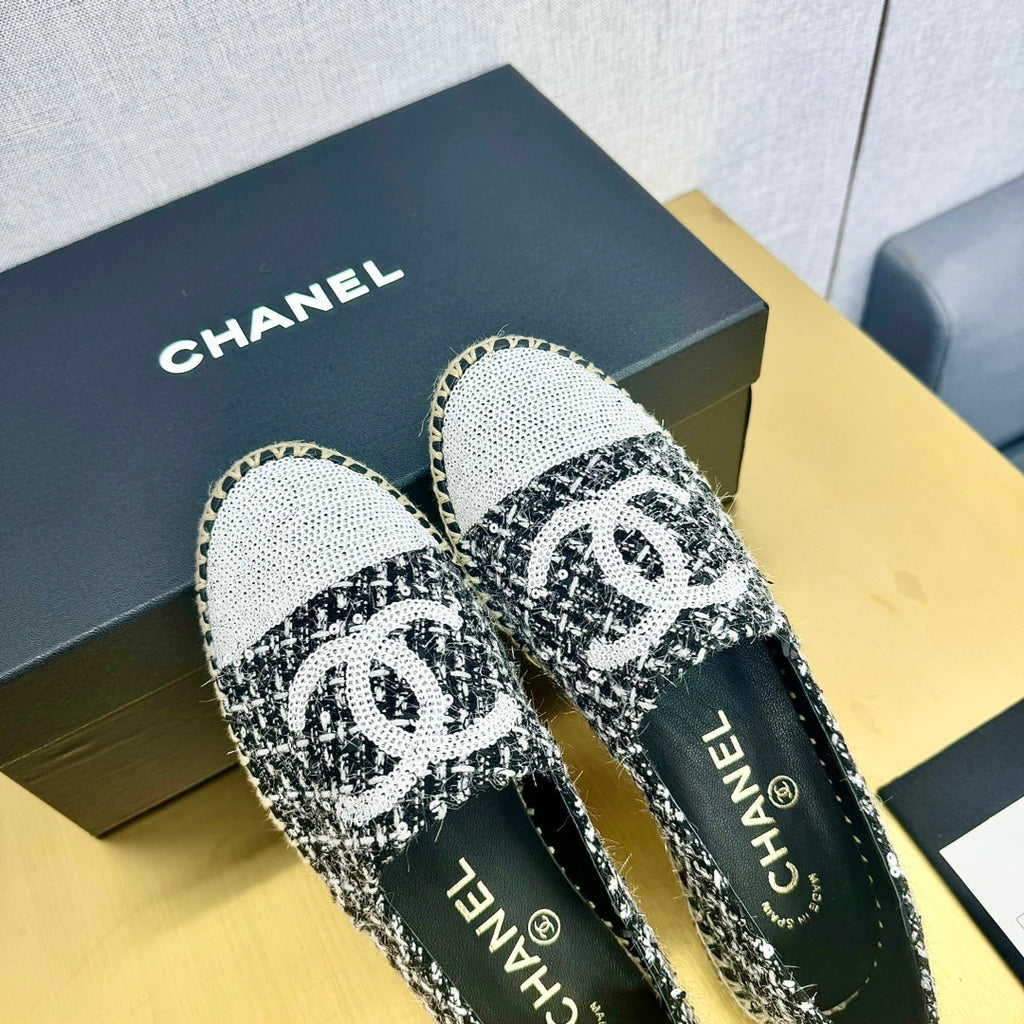 espadrilles white black tweed white sequin