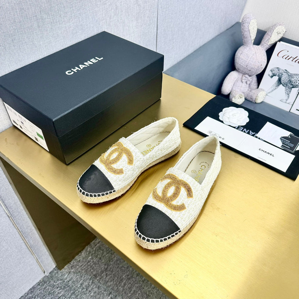 espadrilles yellow white tweed black grosgrain