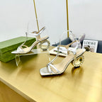 MEDIUM-HEEL SANDAL IN SILVER CALFSKIN WITH RHINSTONES