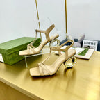 MEDIUM-HEEL SANDAL IN TAN BEIGE CALFSKIN WITH RHINSTONES