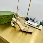 MEDIUM-HEEL SANDAL IN TAN BEIGE CALFSKIN WITH RHINSTONES