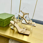 MEDIUM-HEEL SANDAL IN TAN BEIGE CALFSKIN WITH RHINSTONES